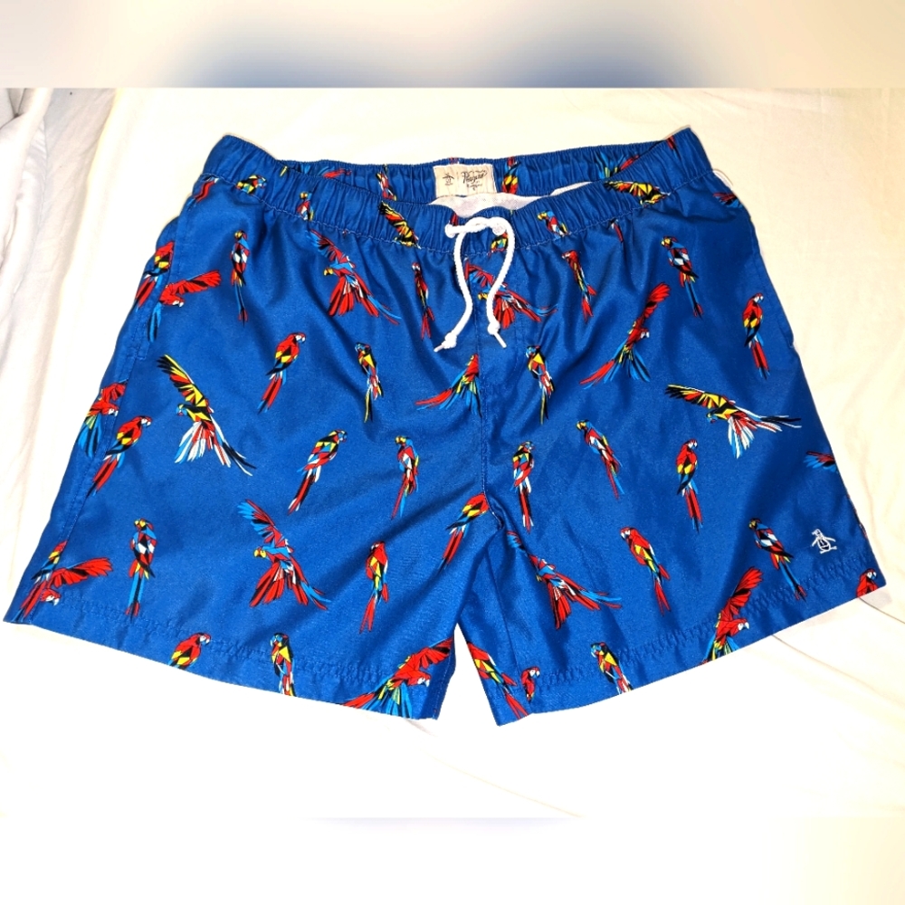 Penguin Originals Swim Trunks Royal Blue Parrot Print Sz XL